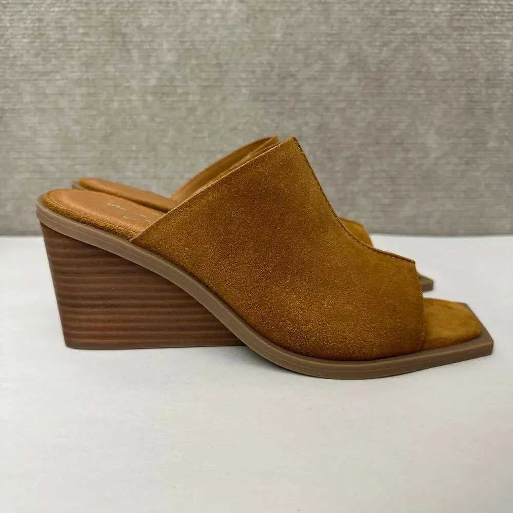 Matisse Lillie Tobacco Suede Sculpted Wedge Mules Boho Square Toe Brown Tan Sz 7